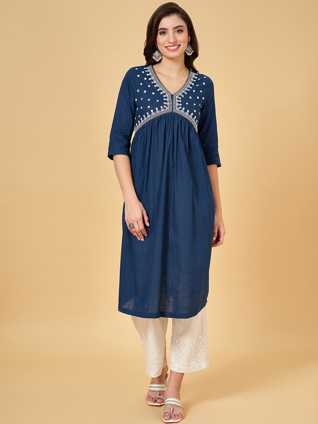 

RANGMANCH BY PANTALOONS Geometric Yoke Design Mirror Work Cotton Empire A-Line Kurta, Navy blue