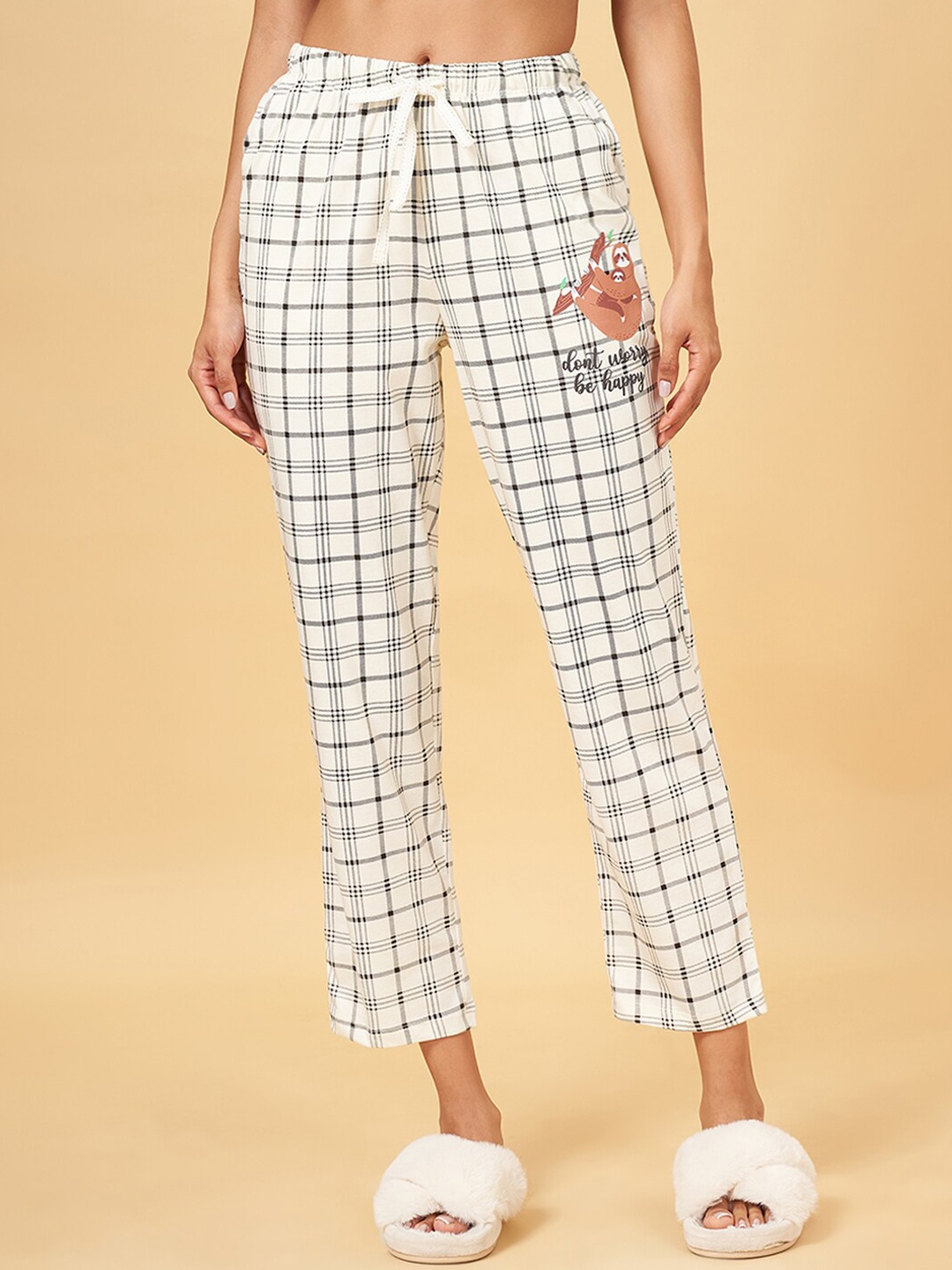 

Dreamz by Pantaloons Women Checked Pure Cotton Lounge Pants, Cream