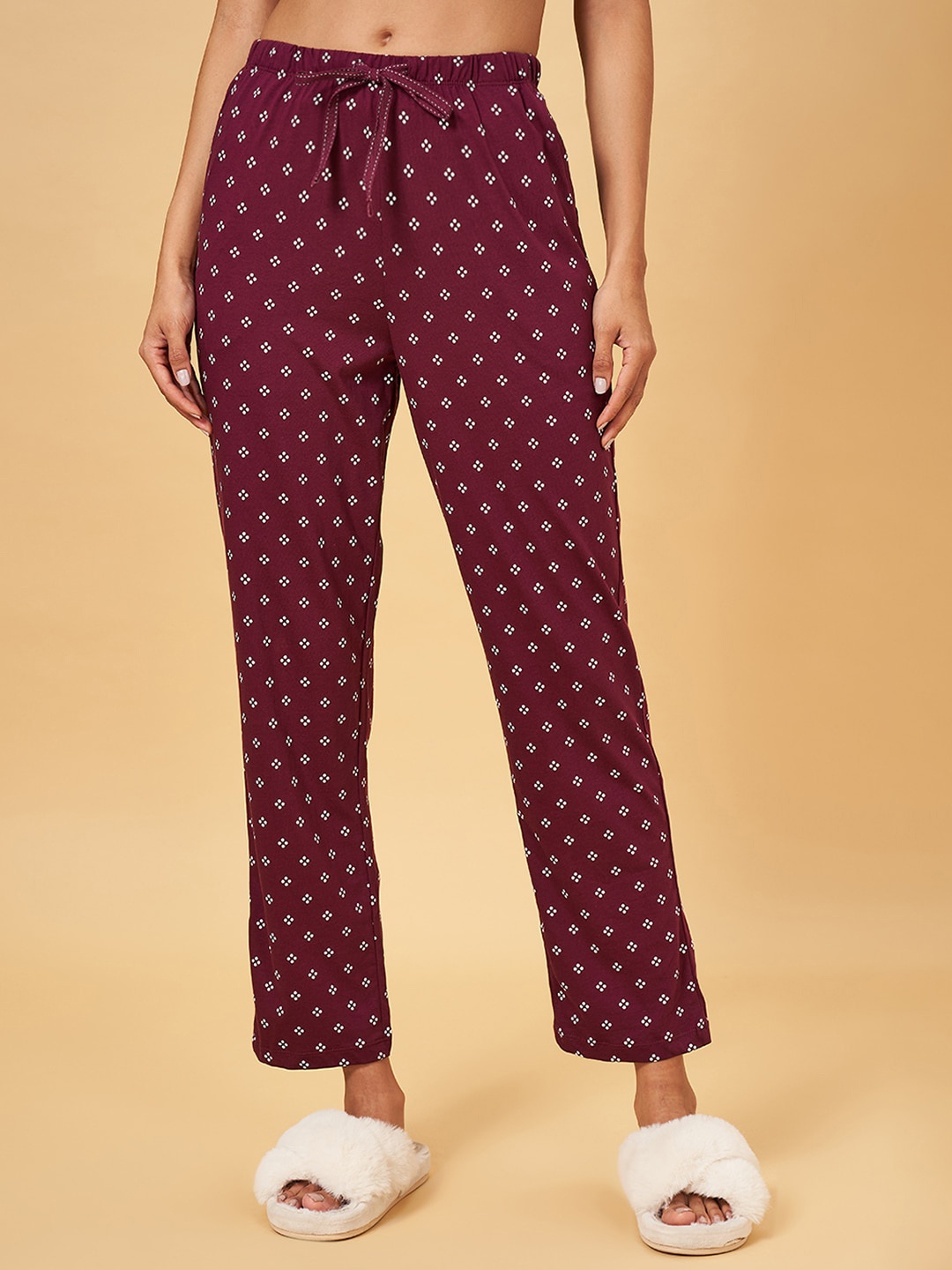 

Dreamz by Pantaloons Women Printed Pure Cotton Lounge Pants, Maroon