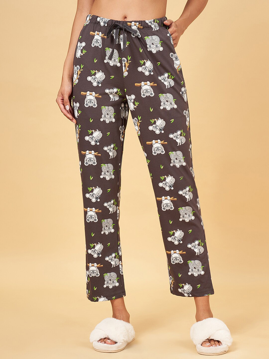 

Dreamz by Pantaloons Women Printed Pure Cotton Lounge Pants, Charcoal