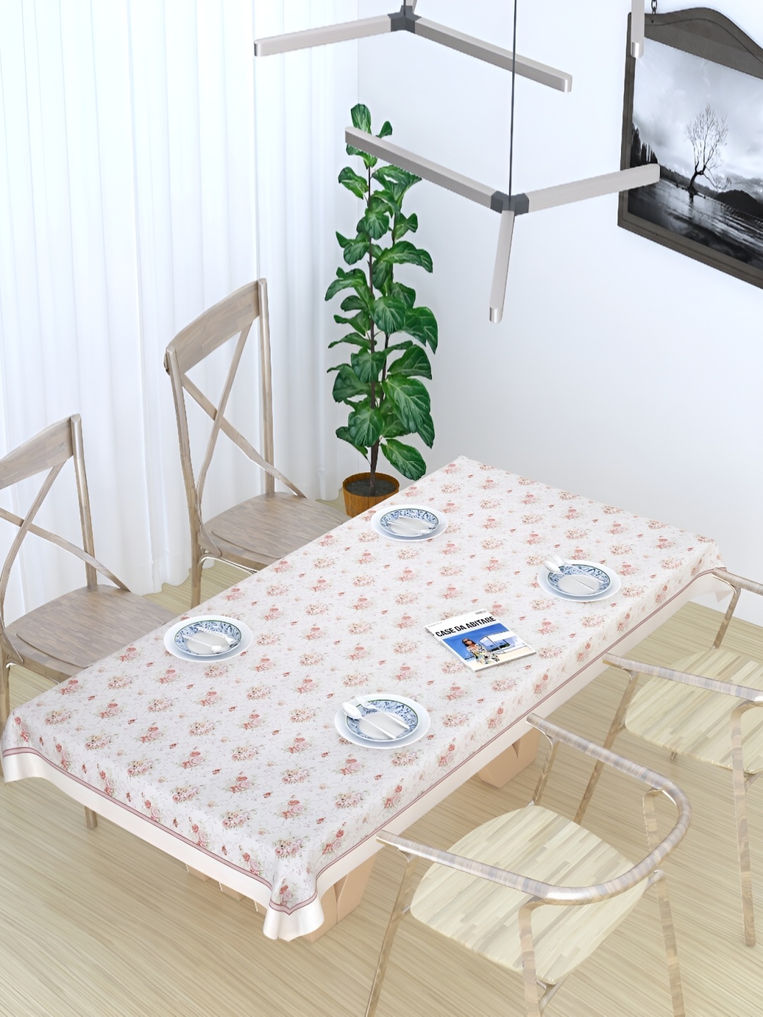 

TANLOOMS White & Peach Floral Printed Jute Cotton Rectangle Table Cover