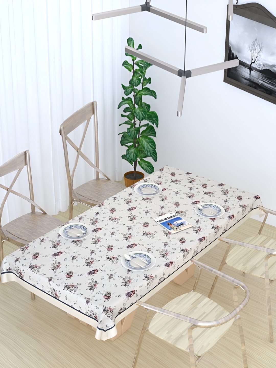 

TANLOOMS White & Purple Floral Printed Jute Cotton Rectangle Table Cover