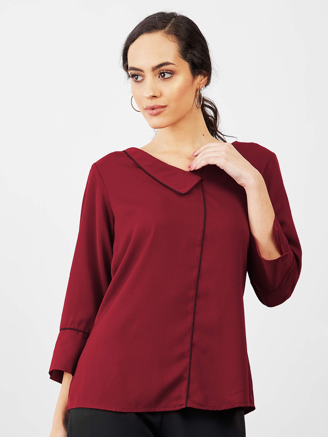 

SALT ATTIRE Peter Pan Collar Three-Quarter Sleeves Top, Maroon