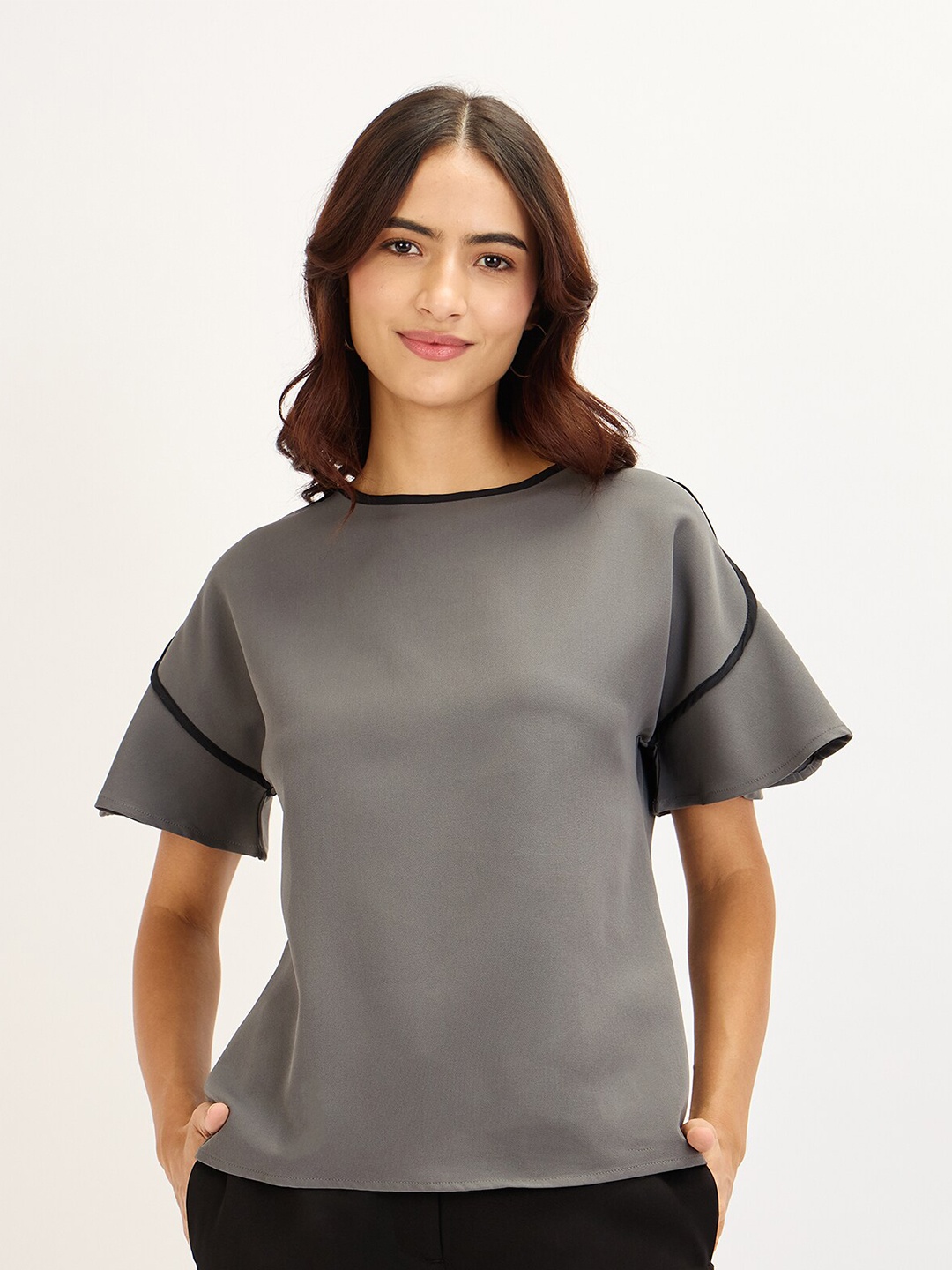 

SALT ATTIRE Round Neck Flutter Sleeve Top, Grey