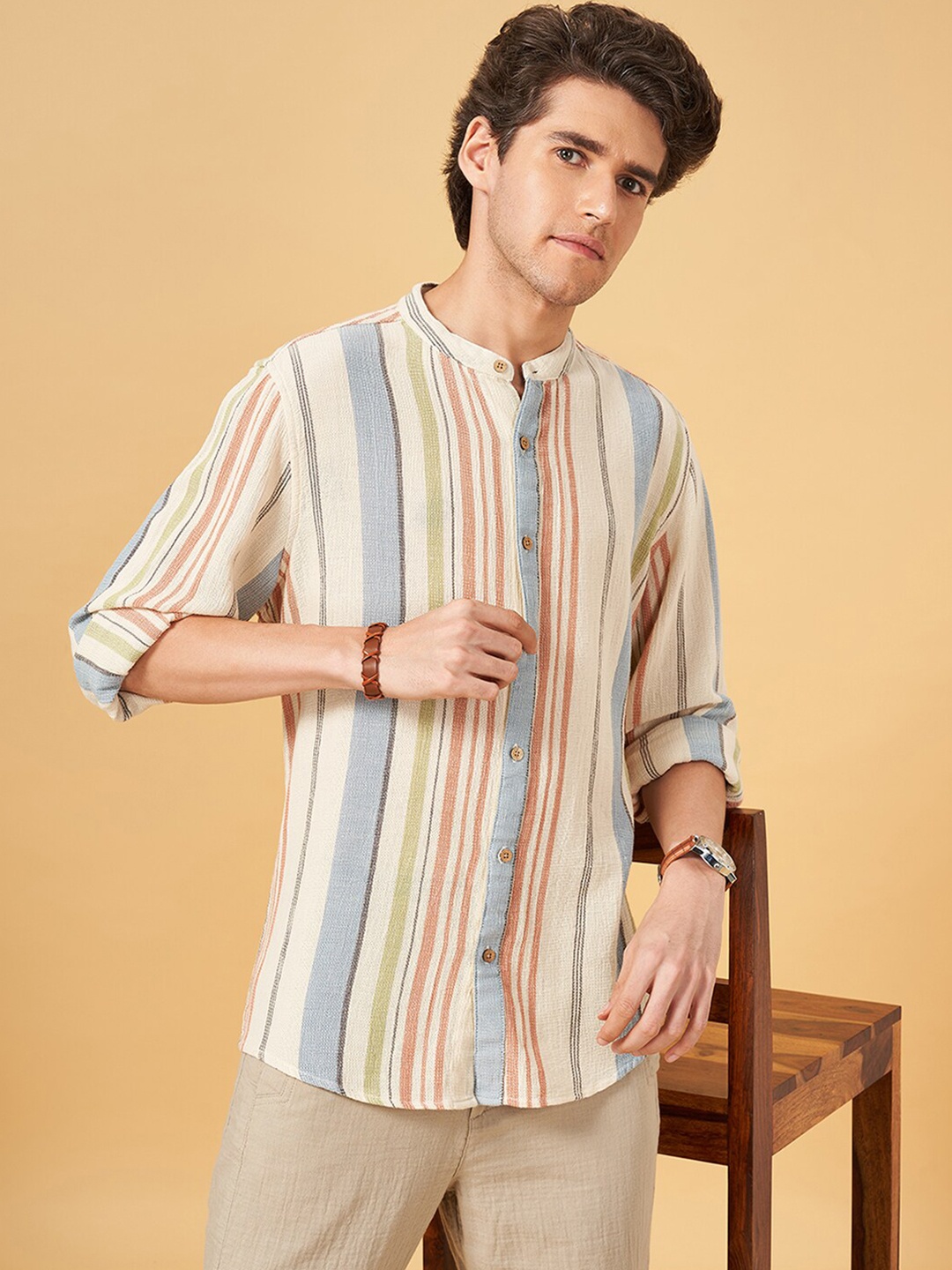 

7 Alt by Pantaloons Vertical Stripes Slim Fit Cotton Casual Shirt, Beige