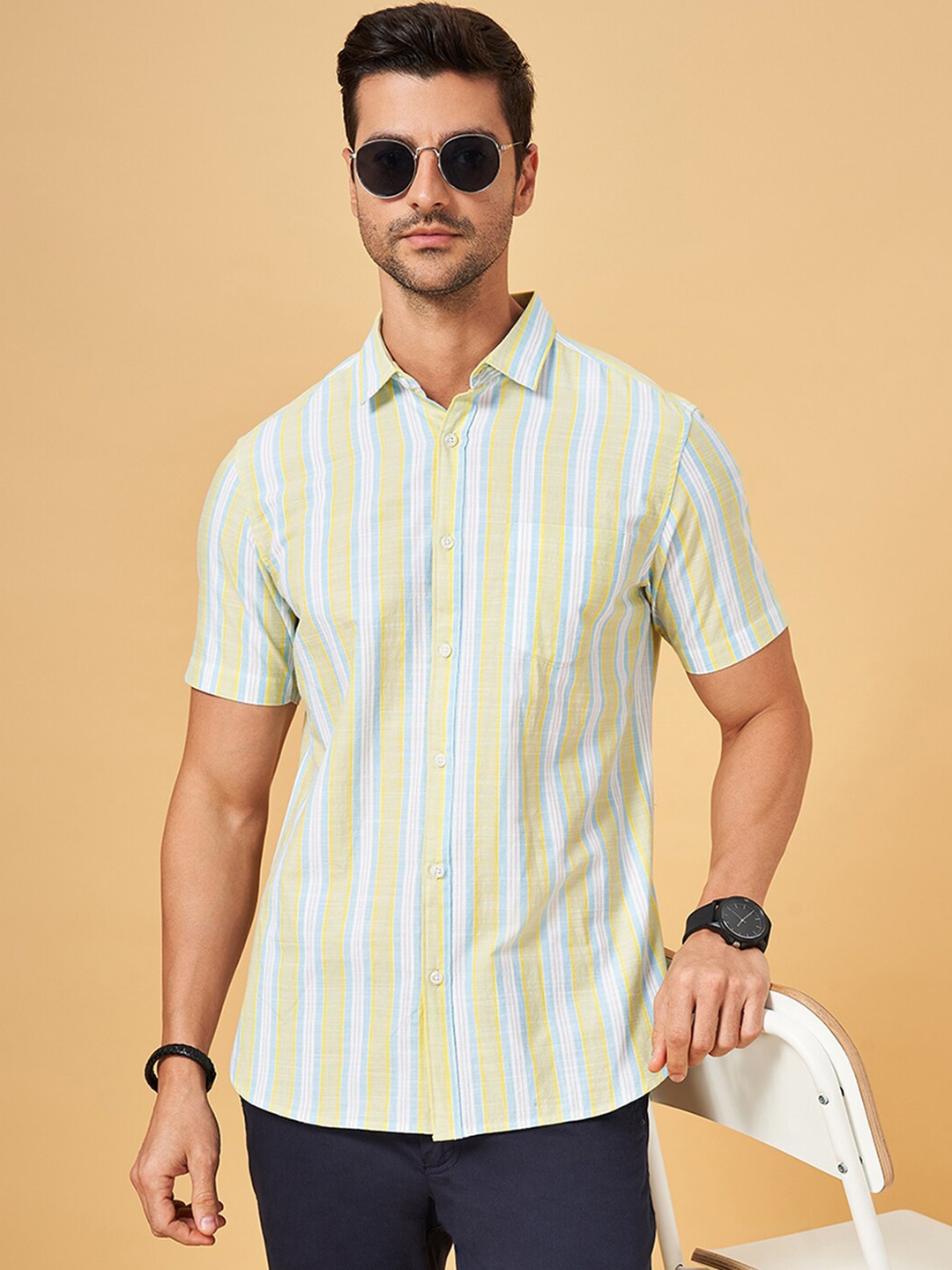 

BYFORD by Pantaloons Striped Spread Collar Short Sleeves Cotton Casual Shirt, Yellow