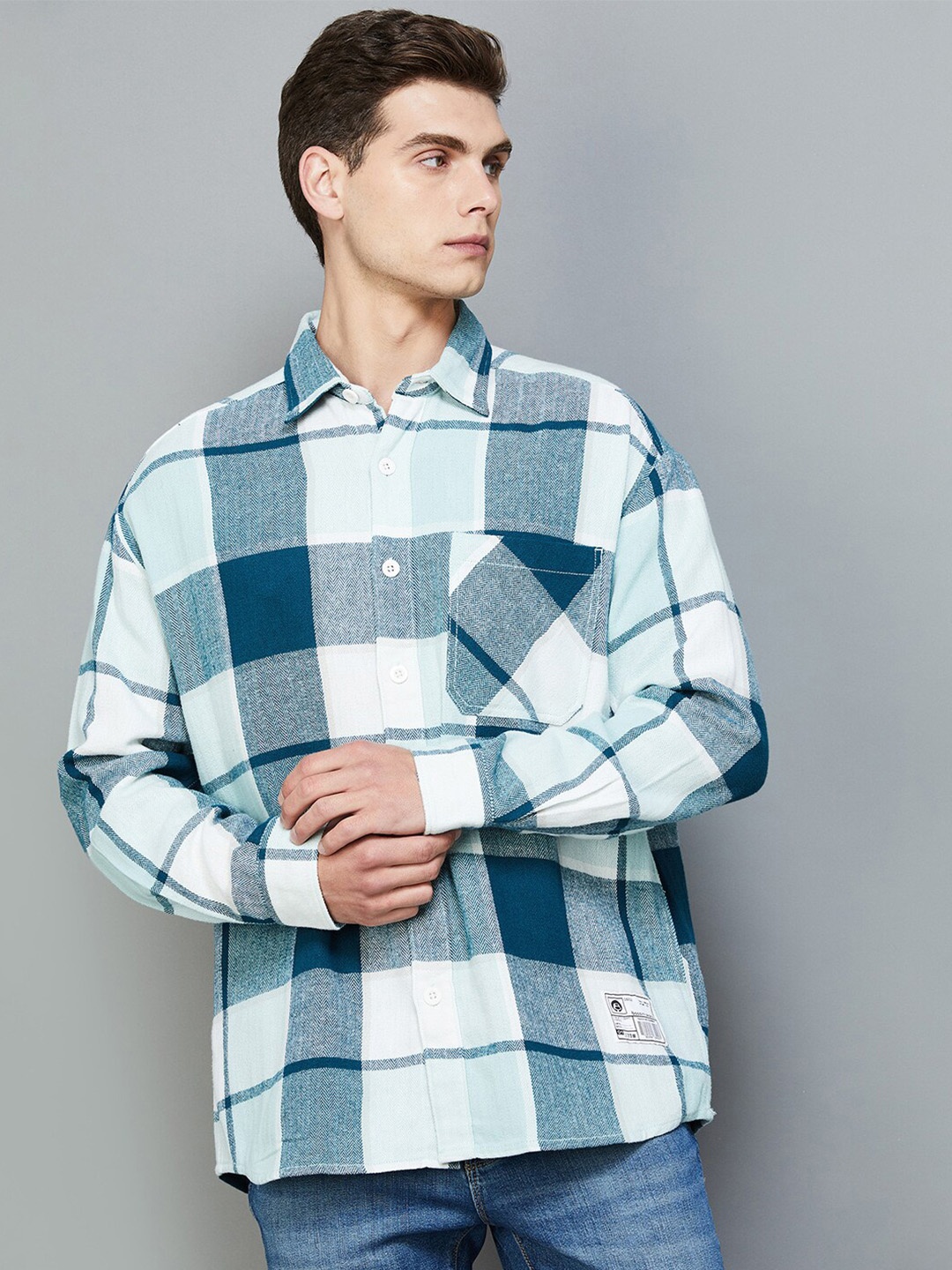 

Bossini Checked Spread Collar Short Sleeves Cotton Casual Shirt, Blue