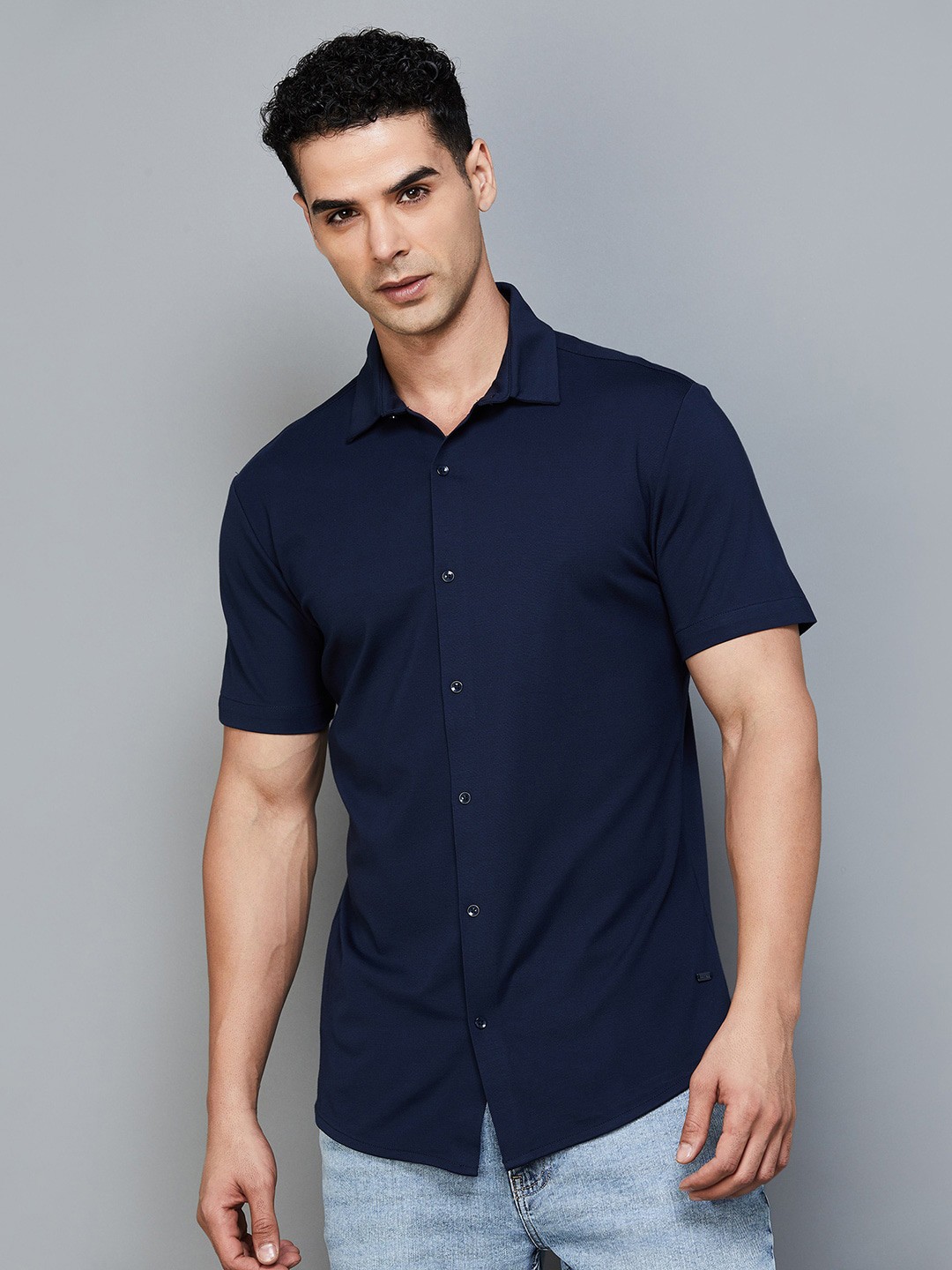 

Bossini Slim Fit Spread Collar Short Sleeves Casual Shirt, Blue
