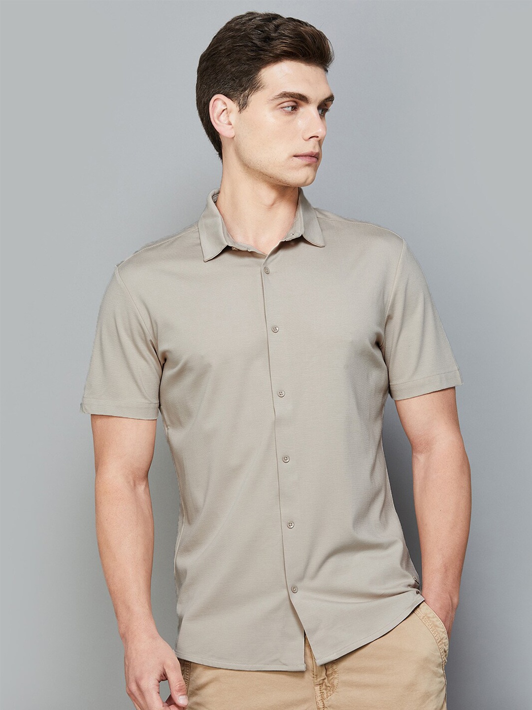 

Bossini Slim Fit Spread Collar Short Sleeves Casual Shirt, Beige