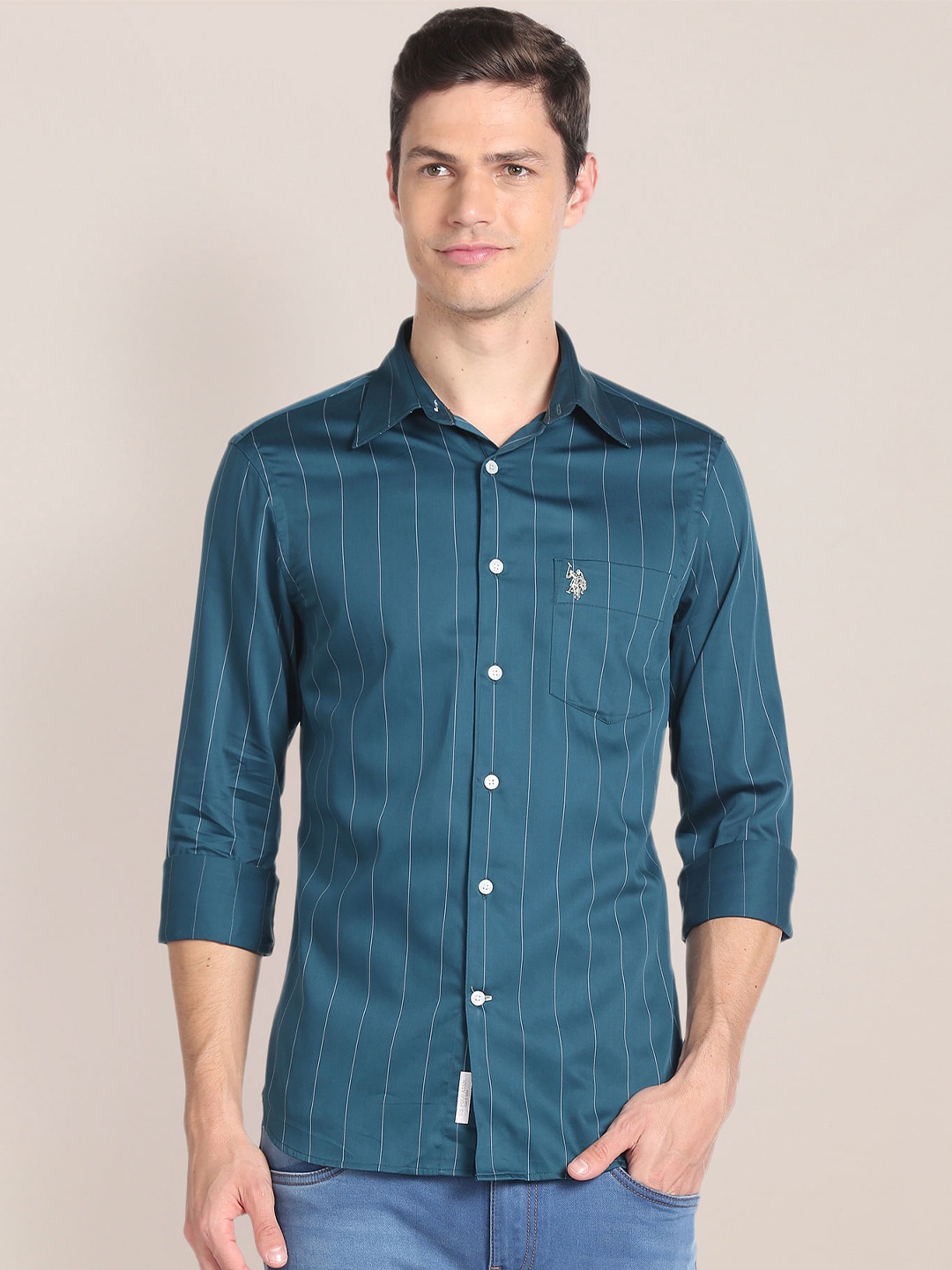 

U.S. Polo Assn. Men Tailored Fit Cotton Striped Casual Shirt, Teal