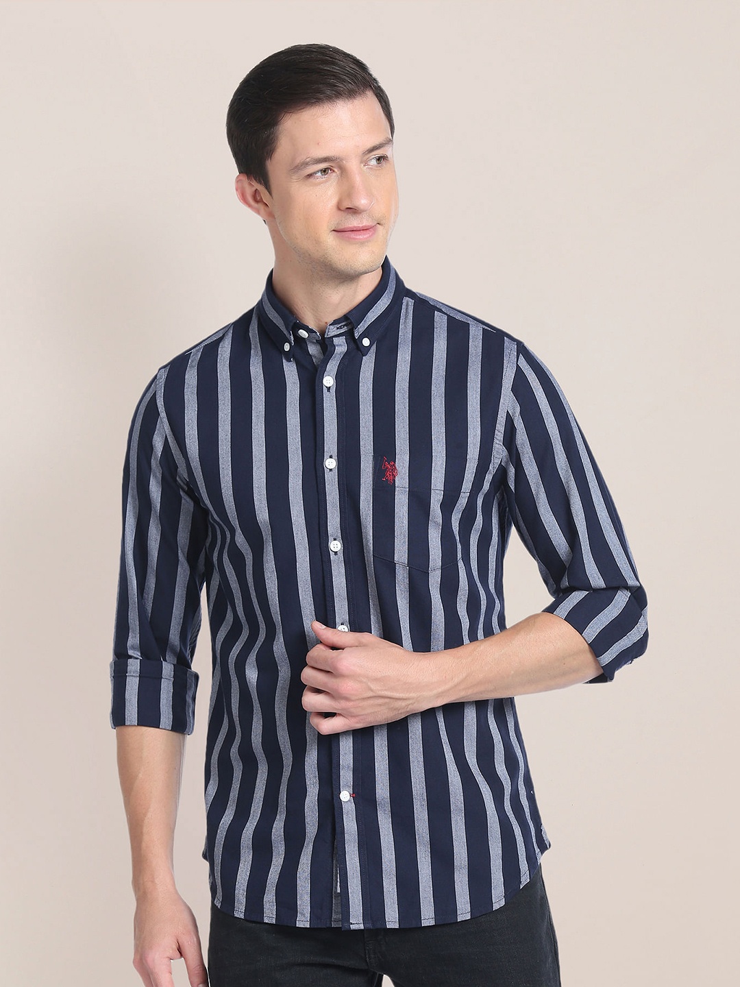

U.S. Polo Assn. Men Tailored Fit Cotton Striped Casual Shirt, Navy blue