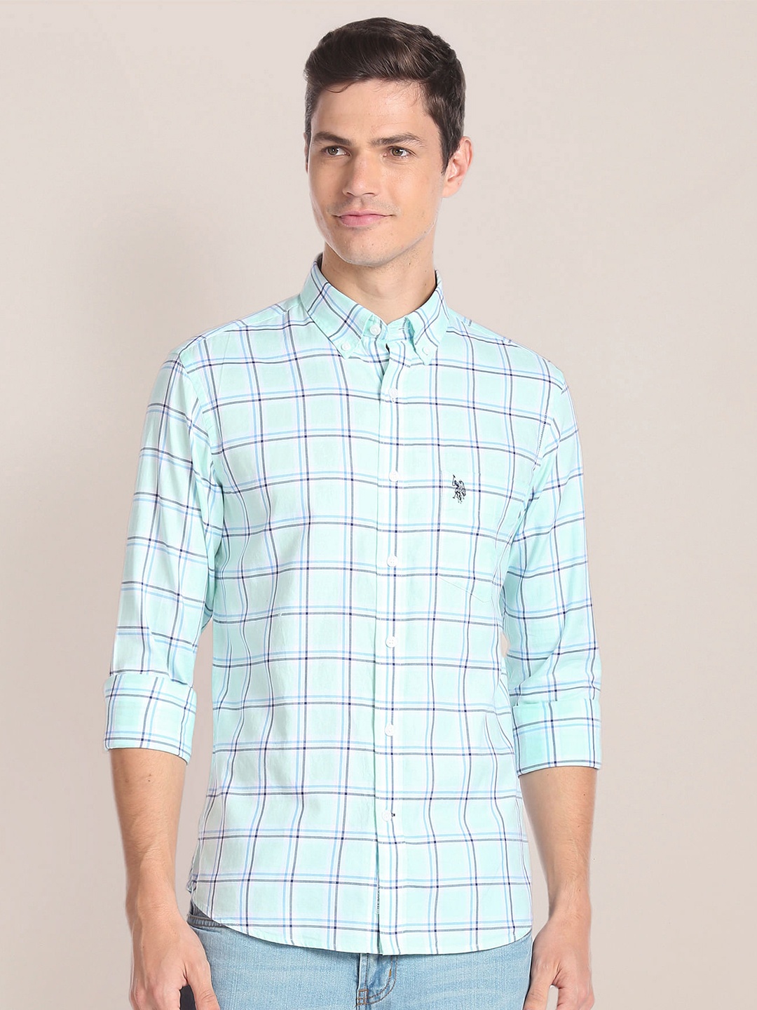 

U.S. Polo Assn. Men Tailored Fit Cotton Checked Casual Shirt, Green