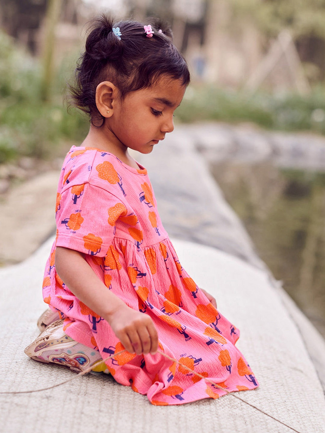 

Somersault Girls Conversational Printed Empire Pure Cotton Dress, Pink