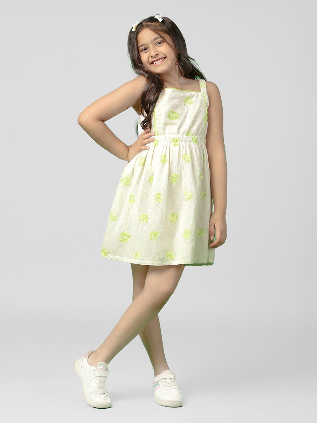 

Somersault Girls Shoulder Straps Floral Print Fit & Flare Cotton Dress, White