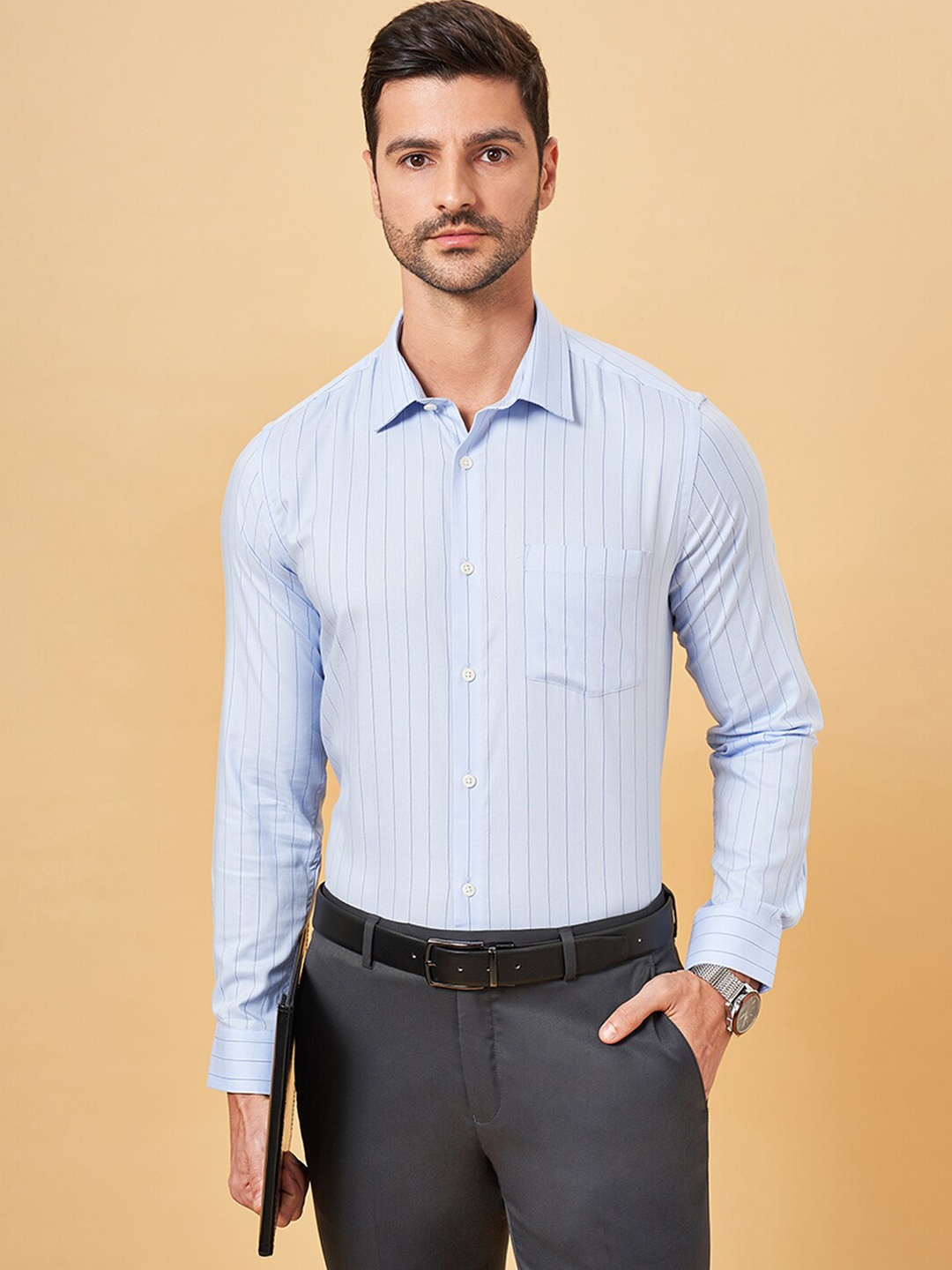 

Peregrine by Pantaloons Slim Fit Cotton Striped Formal Shirt, Blue
