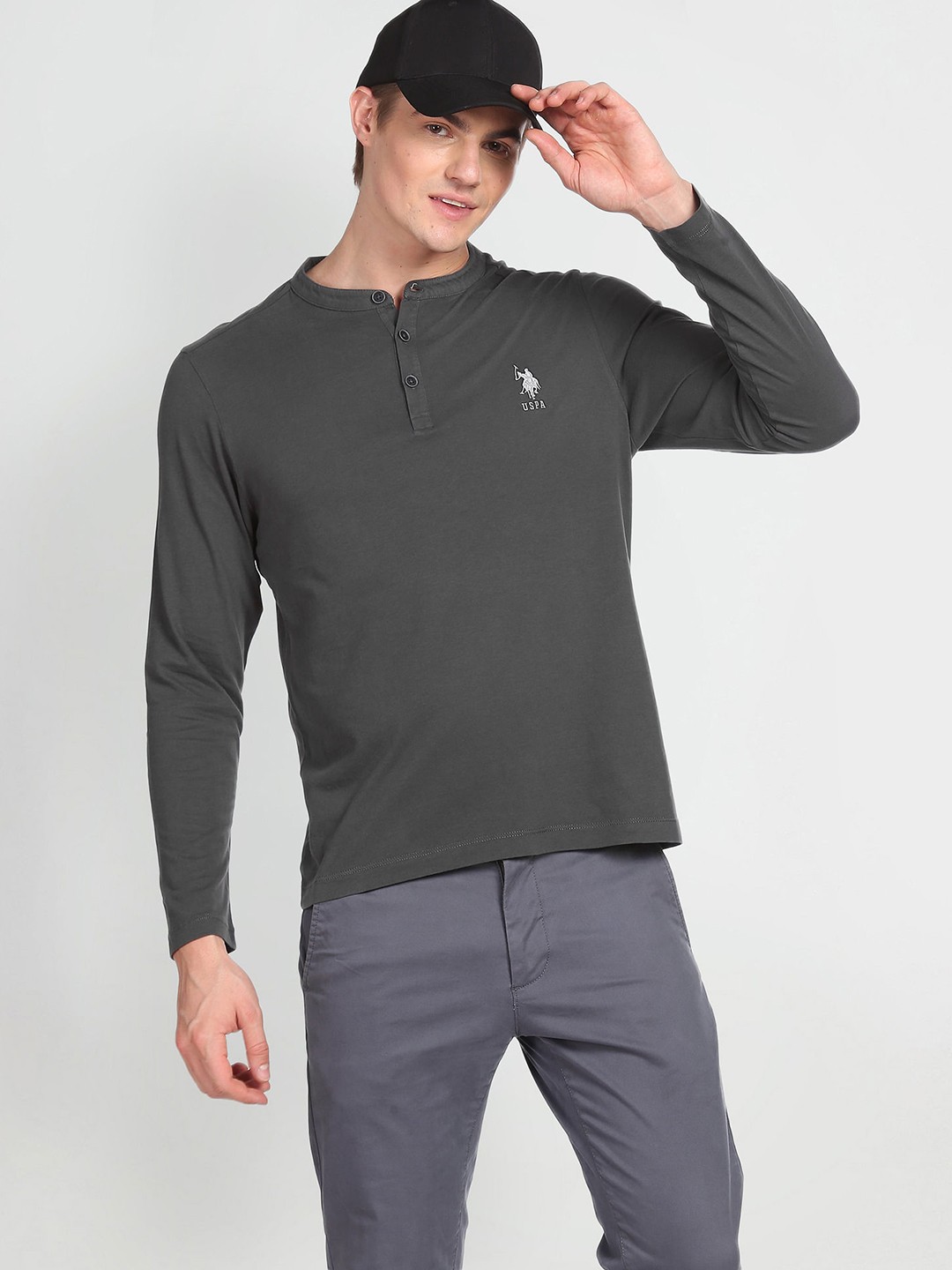 

U.S. Polo Assn. Denim Co. Henley Neck Pure Cotton Slim Fit T-shirt, Charcoal