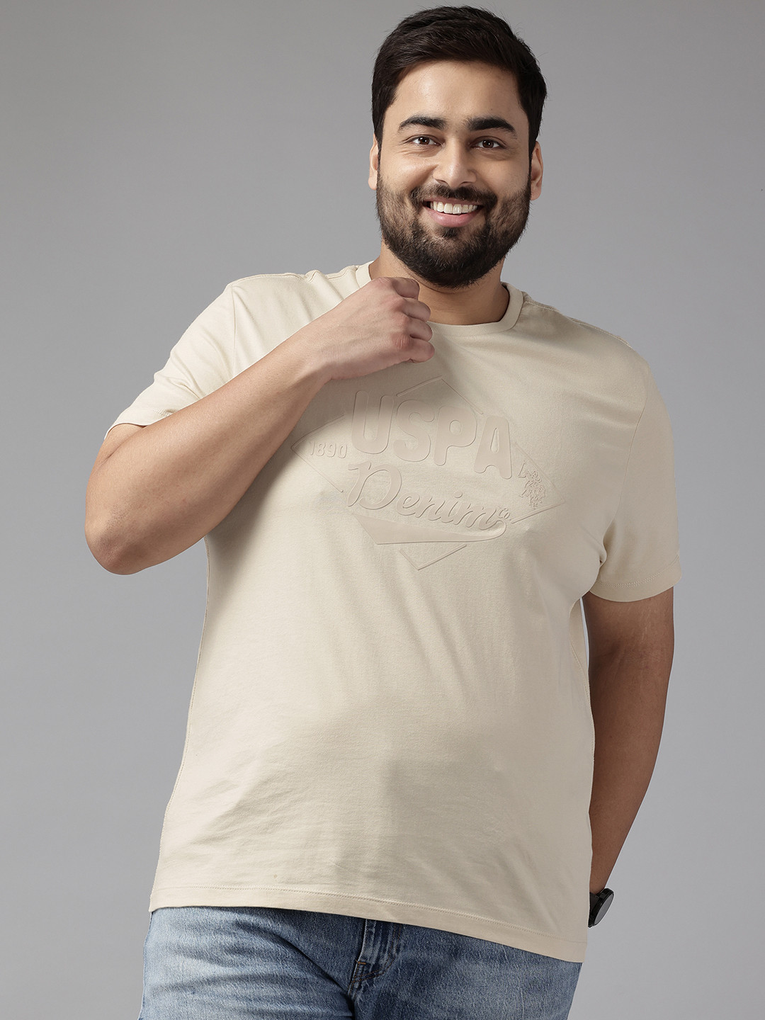 

U.S. Polo Assn. Denim Co. Plus Size Brand Logo Printed Pure Cotton Slim Fit T-shirt, Beige