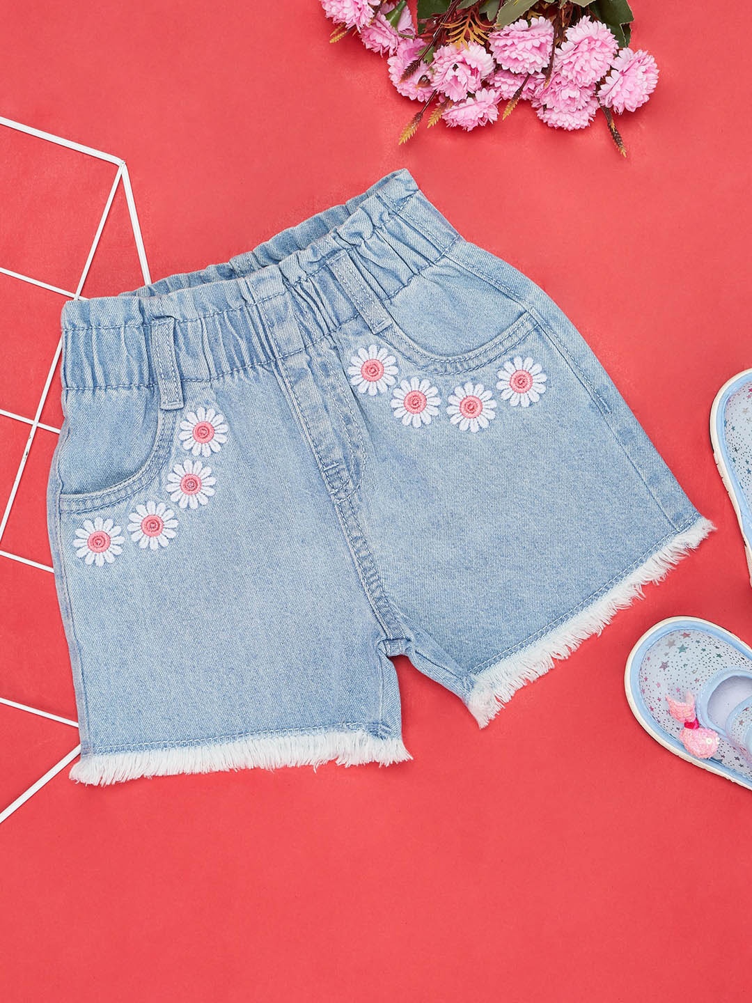 Pantaloons Baby Infant Girls Floral Printed Denim Shorts, Blue