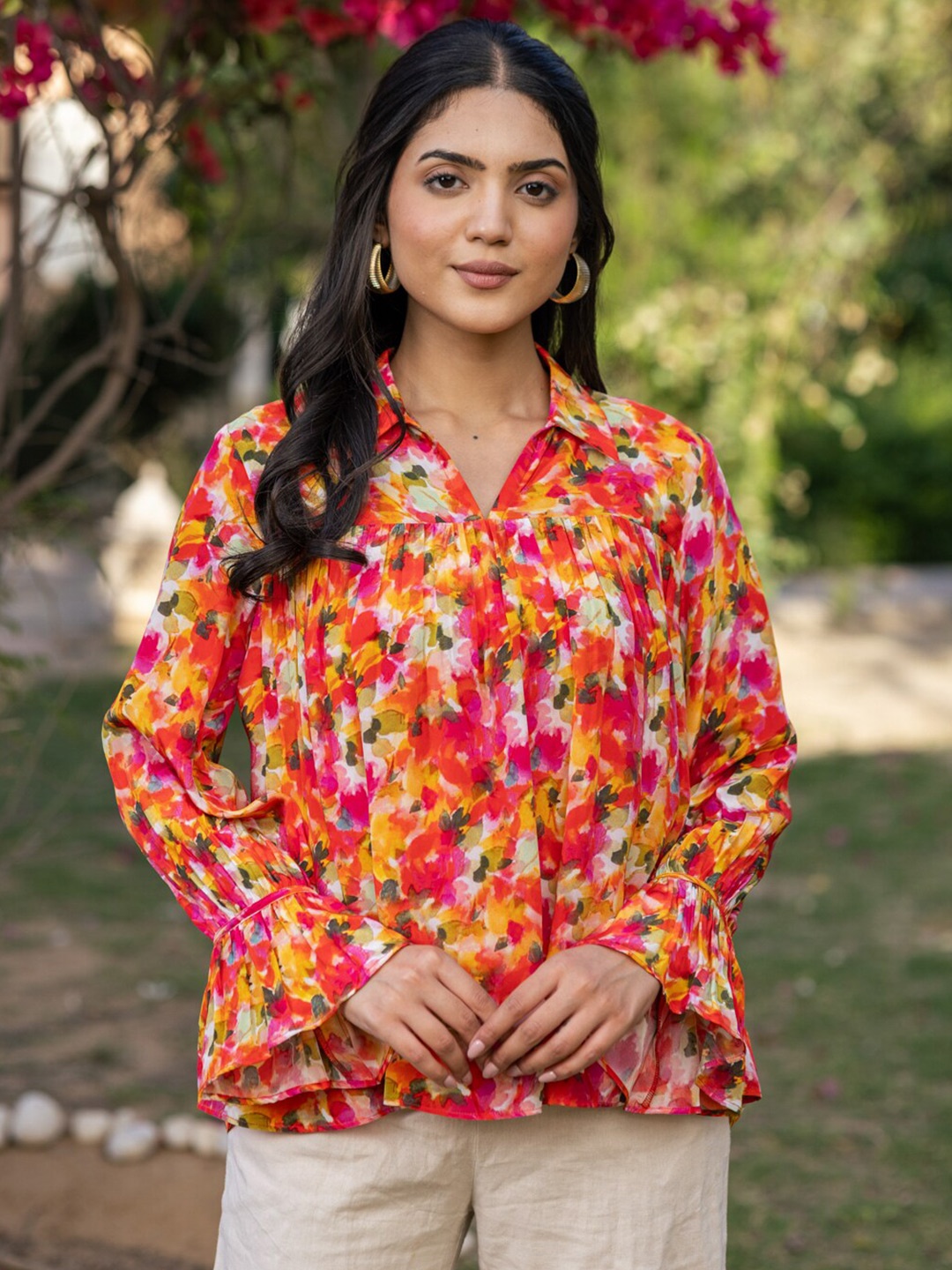 

Ambraee Floral Printed Shirt Collar Top, Red