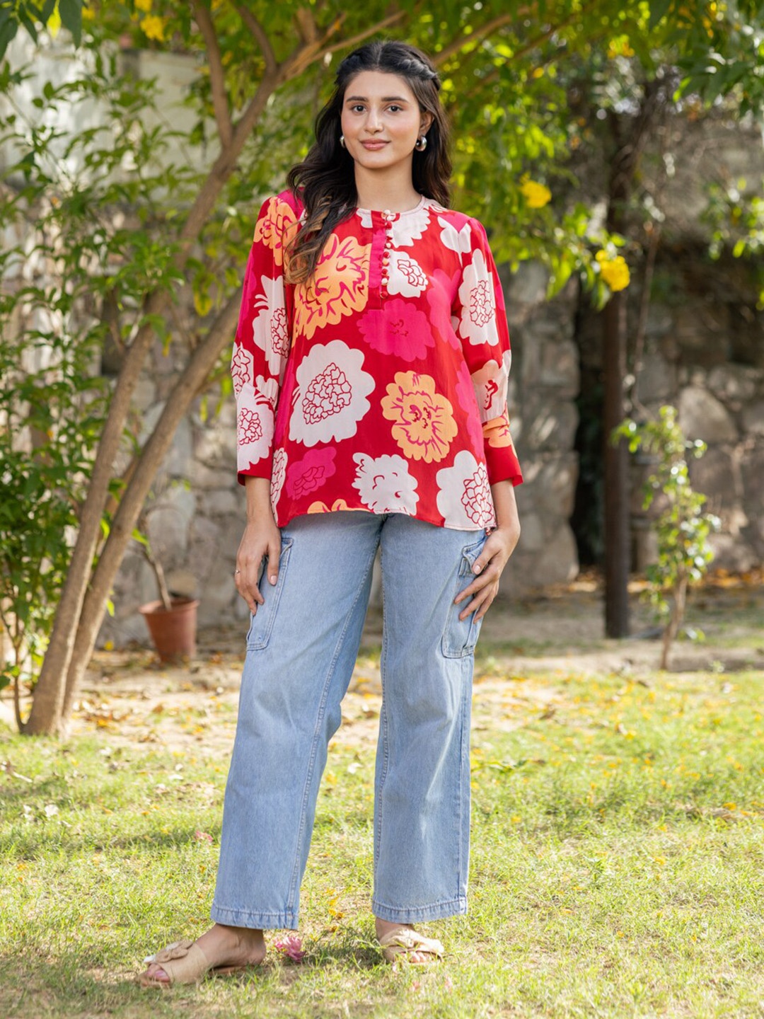 

Ambraee Floral Printed Round Neck Top, Red