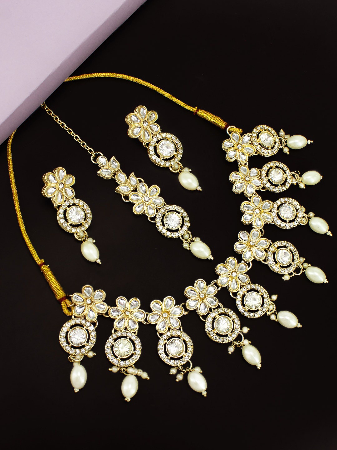 

PRIVIU Rose Gold-Plated CZ & Pearl Studded Designer Jewellery Set