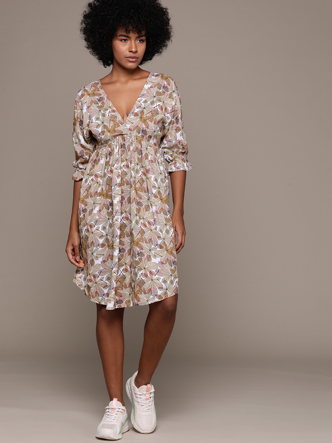 

Roadster Floral Print Puff Sleeves A-Line Dress, Olive