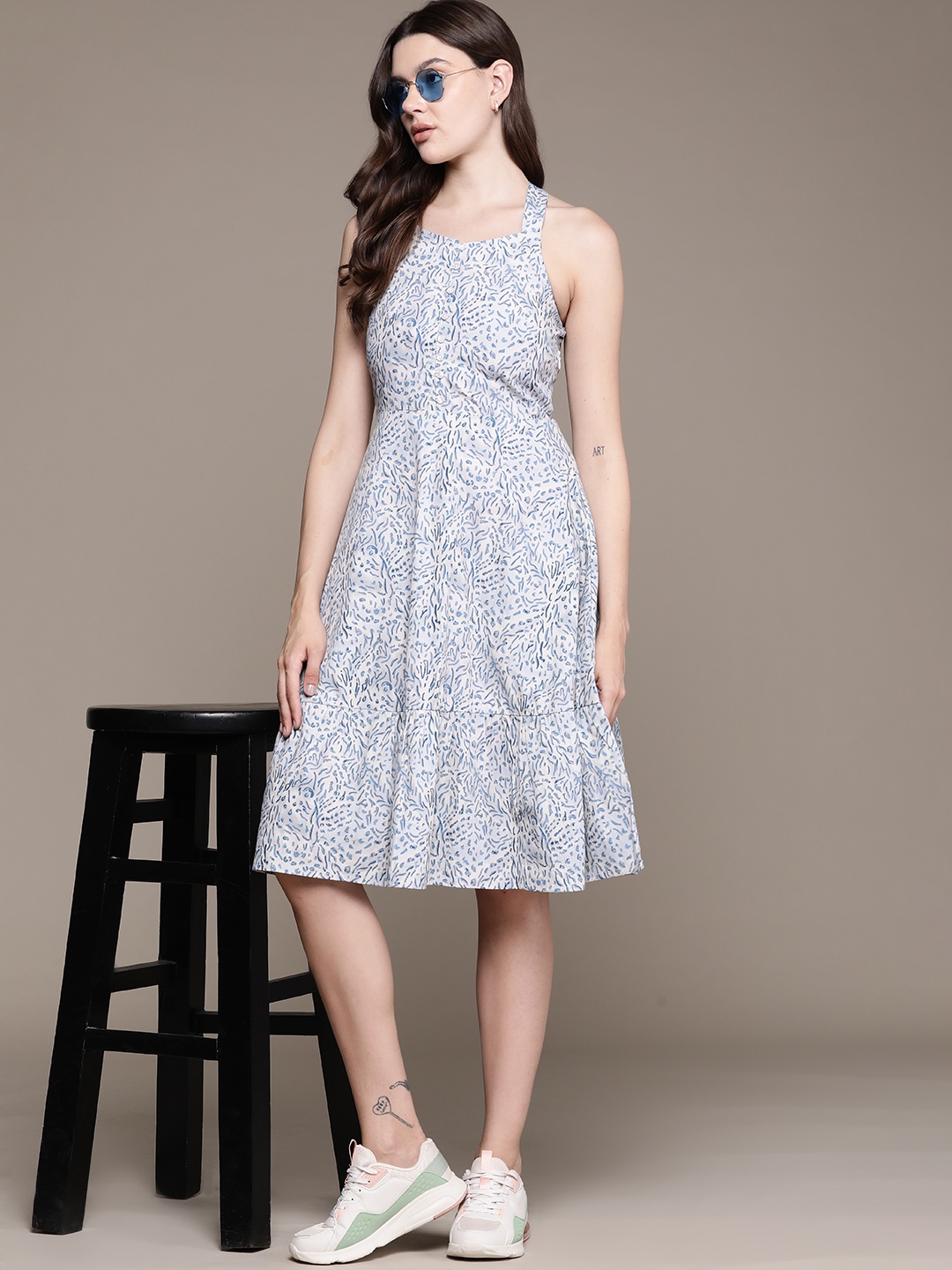 

Roadster Print Tiered Fit & Flare Dress, Blue