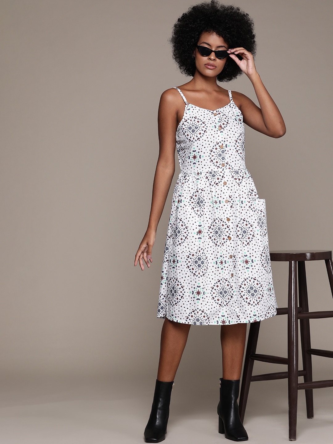 

Roadster Ethnic Motifs Print Fit & Flare Midi Dress, Grey