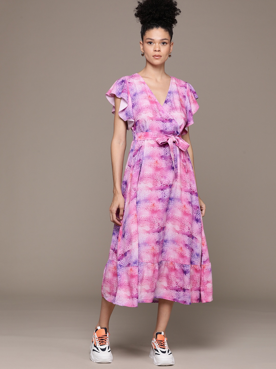 

Roadster Floral Print Flutter Sleeves Midi Dress with Tie -Up Detail, Pink