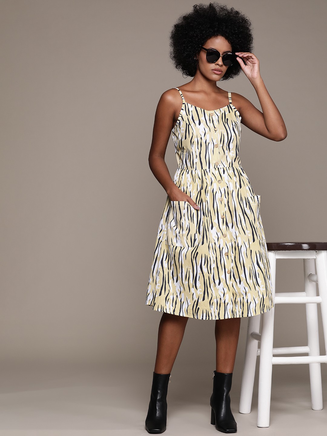 

Roadster Abstract Print Fit & Flare Midi Dress, Beige