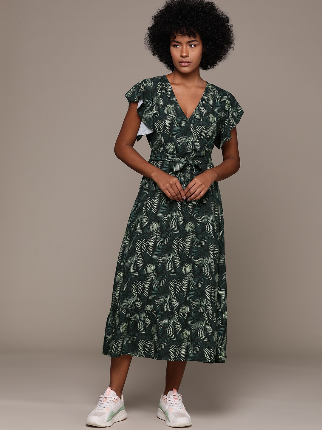 

Roadster Tropical Print Flutter Sleeves Fit & Flare Midi Dress with Tie-Up Detail, Green