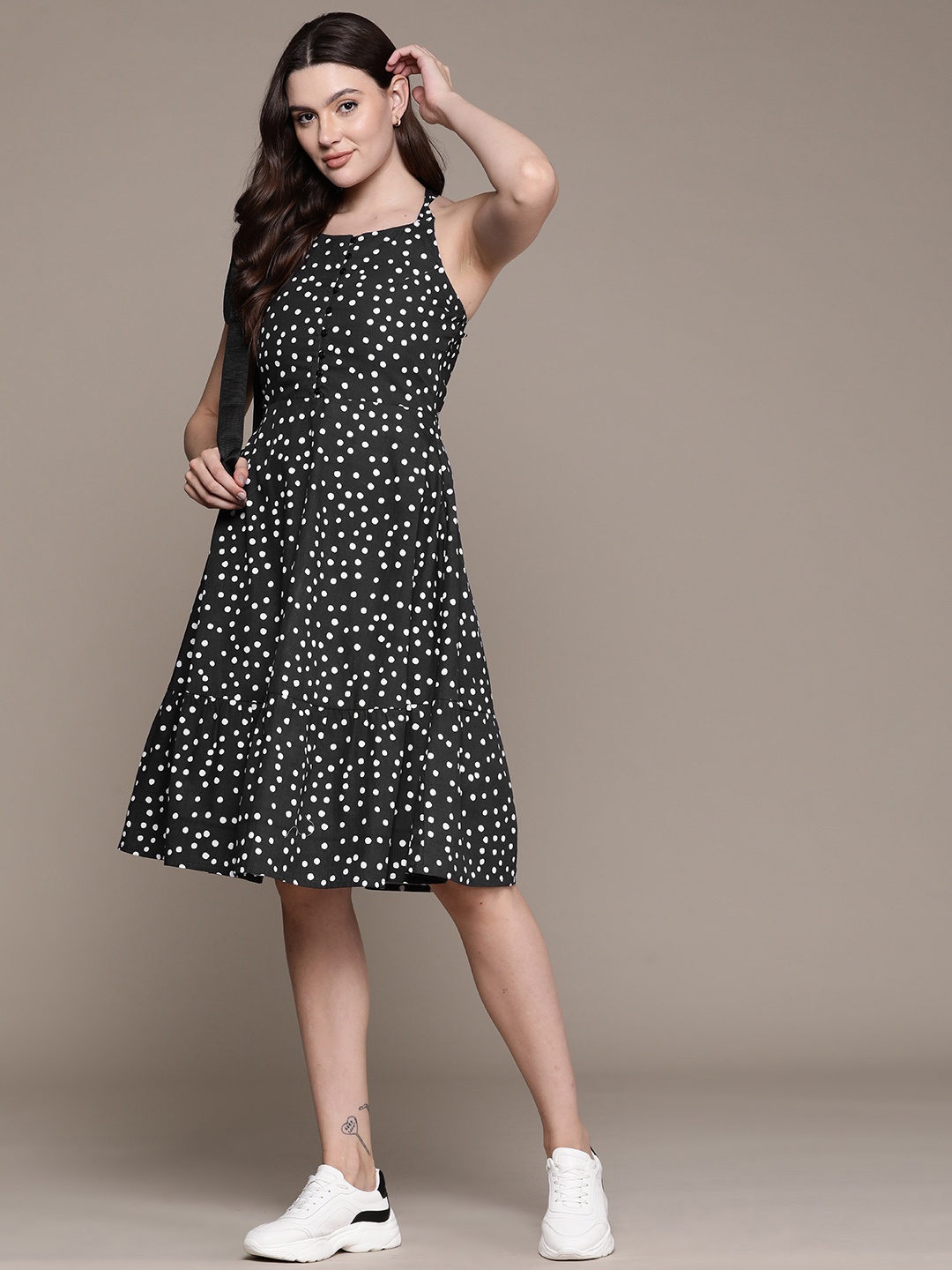 

Roadster Polka Dot Print Fit & Flare Dress, Black