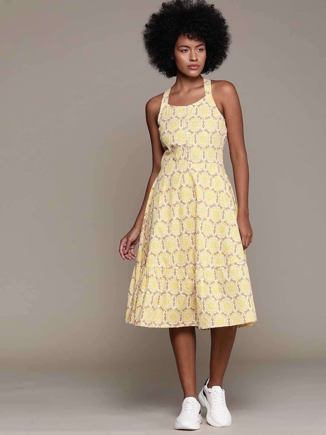 

Roadster Tie & Dye Print Tiered Fit & Flare Dress, Yellow