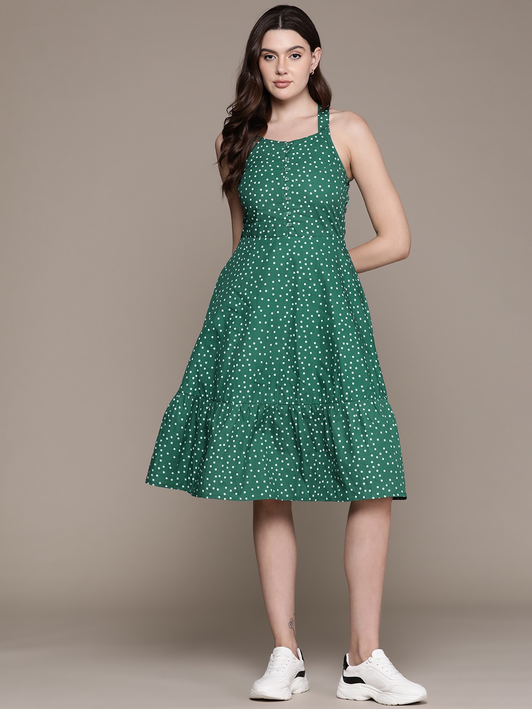 

Roadster Polka Dot Print Tiered Fit & Flare Dress, Teal