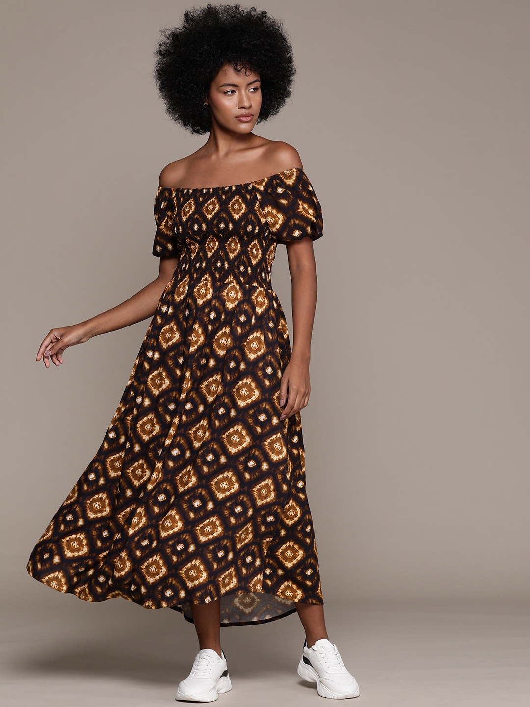 

Roadster Tie & Dye Print Off-Shoulder Puff Sleeves Fit & Flare Maxi Dress, Brown