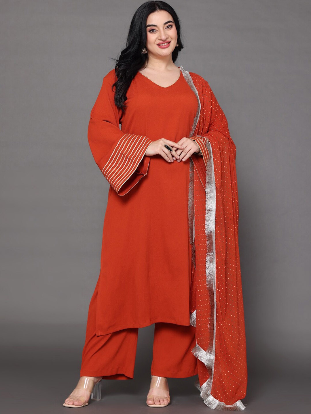 

Varanga V Neck Long Flared Sleeves Gotta Patti Silk Crepe Kurta with Palazzo & Dupatta, Rust