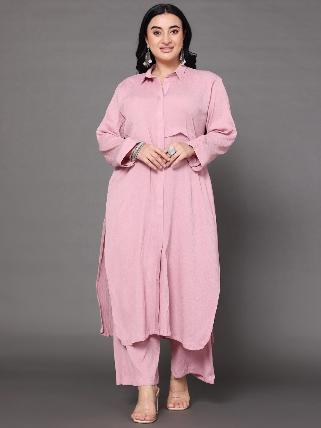 

Varanga Shirt Collar Long Sleeves Kurta with Trouser, Pink