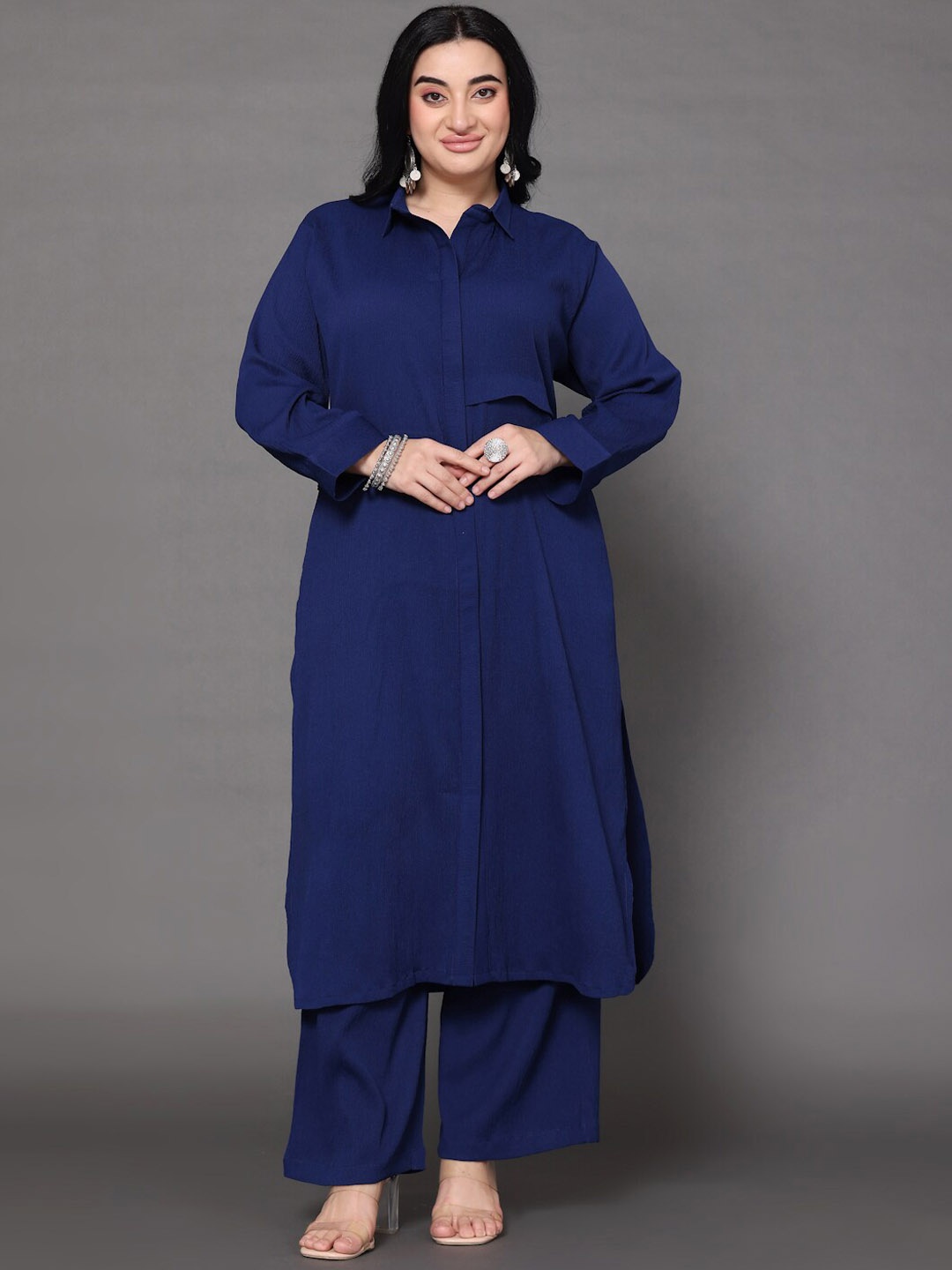 

Varanga Shirt Collar Long Sleeves Straight Kurta with Palazzo, Navy blue