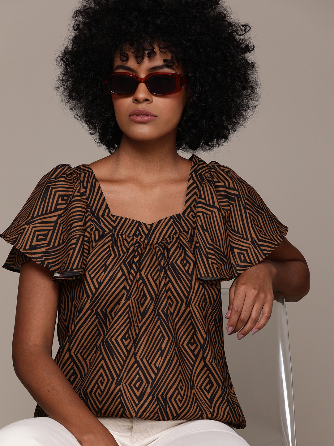 

Roadster Geometric Print Flared Sleeves Georgette Top, Brown
