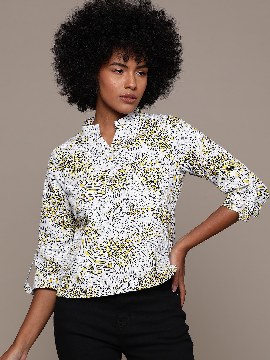 

Roadster Animal Print Mandarin Collar Roll-Up Sleeves Cotton Shirt Style Crop Top, Off white