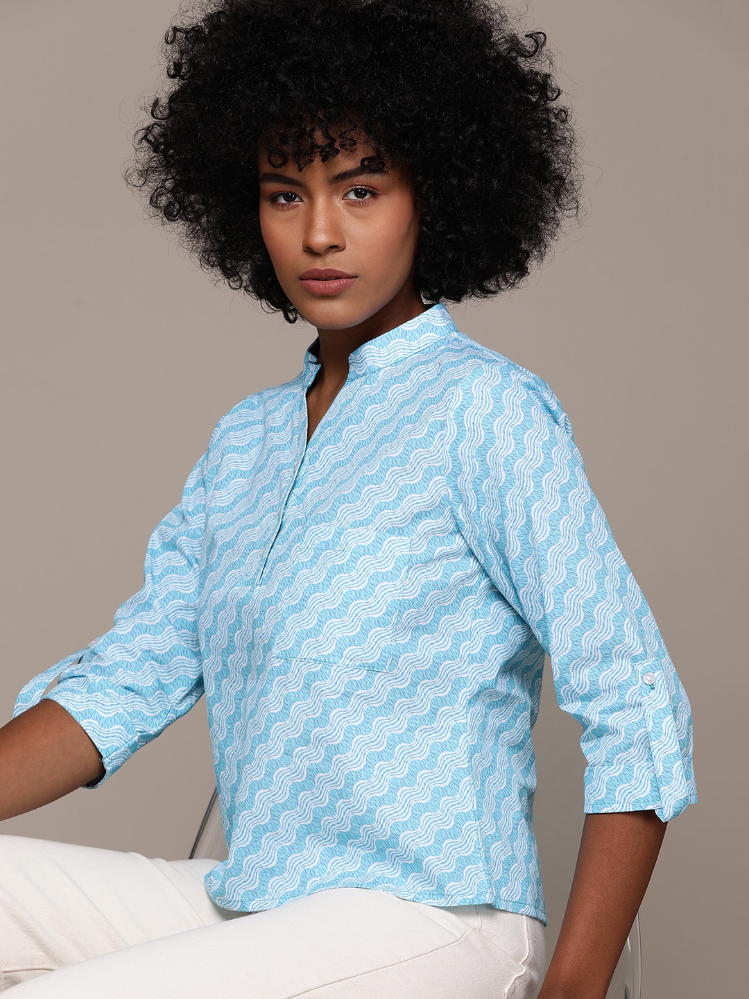 

Roadster Print Mandarin Collar Roll-Up Sleeves Cotton Shirt Style Crop Top, Turquoise blue