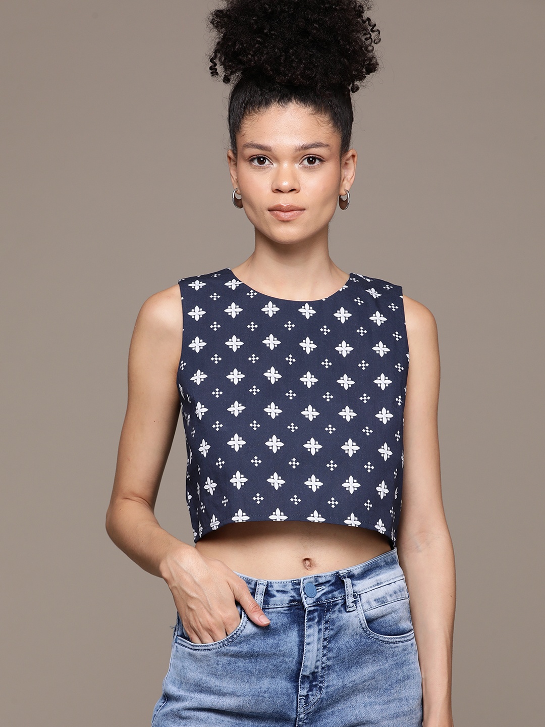 

Roadster Geometric Print Cotton Crop Top, Navy blue