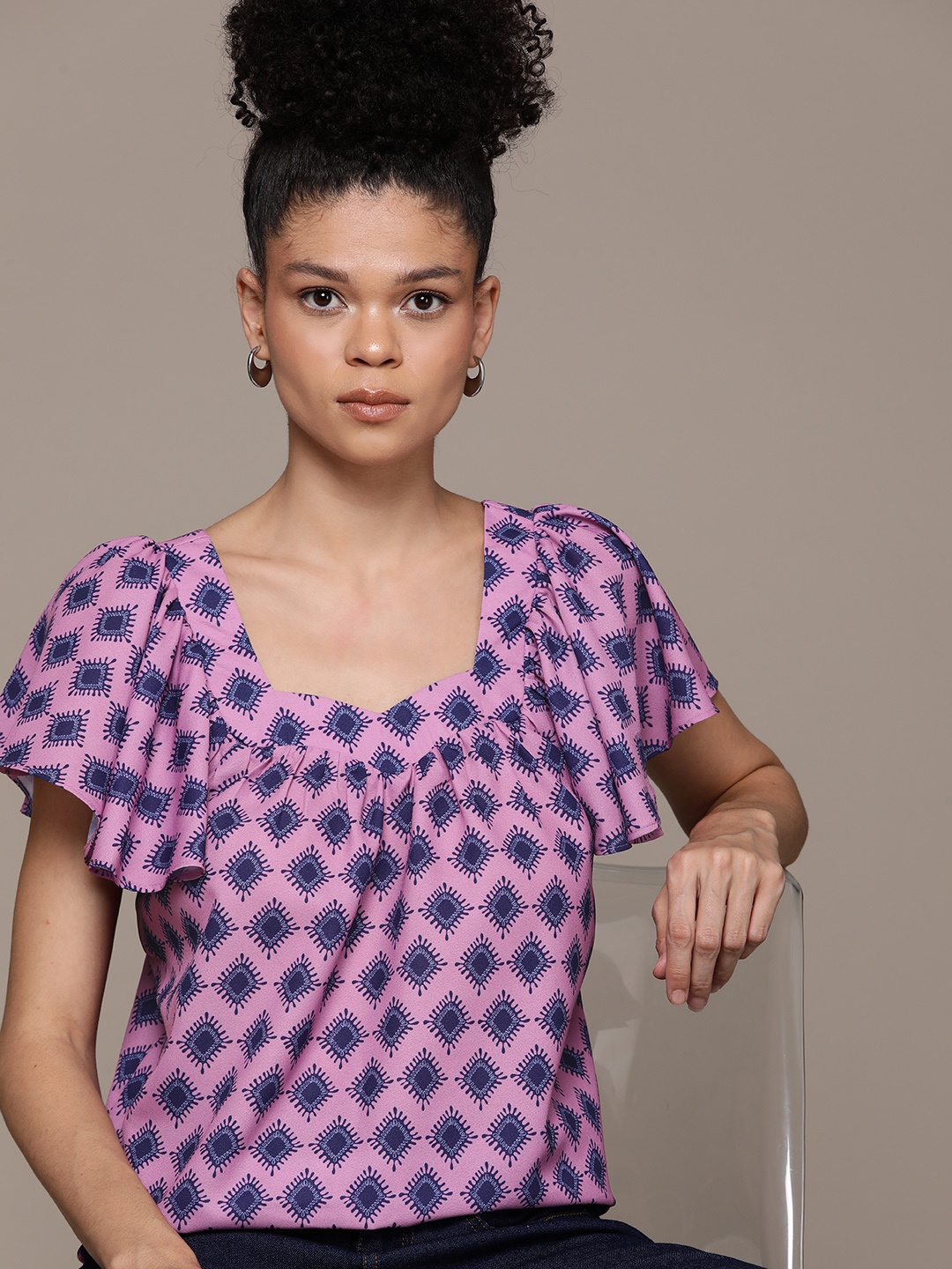 

Roadster Geometric Print Flared Sleeves Georgette Top, Pink