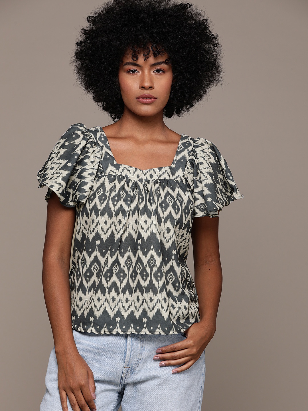 

Roadster Print Flared Sleeves Georgette Top, Grey