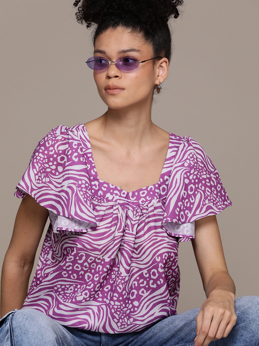 

Roadster Animal Print Flared Sleeves Georgette Top, Purple