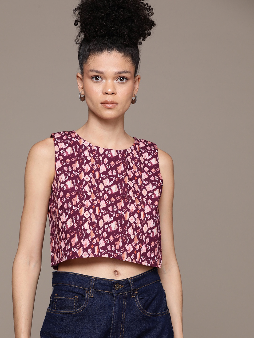 

Roadster Print Cotton Crop Top, Maroon