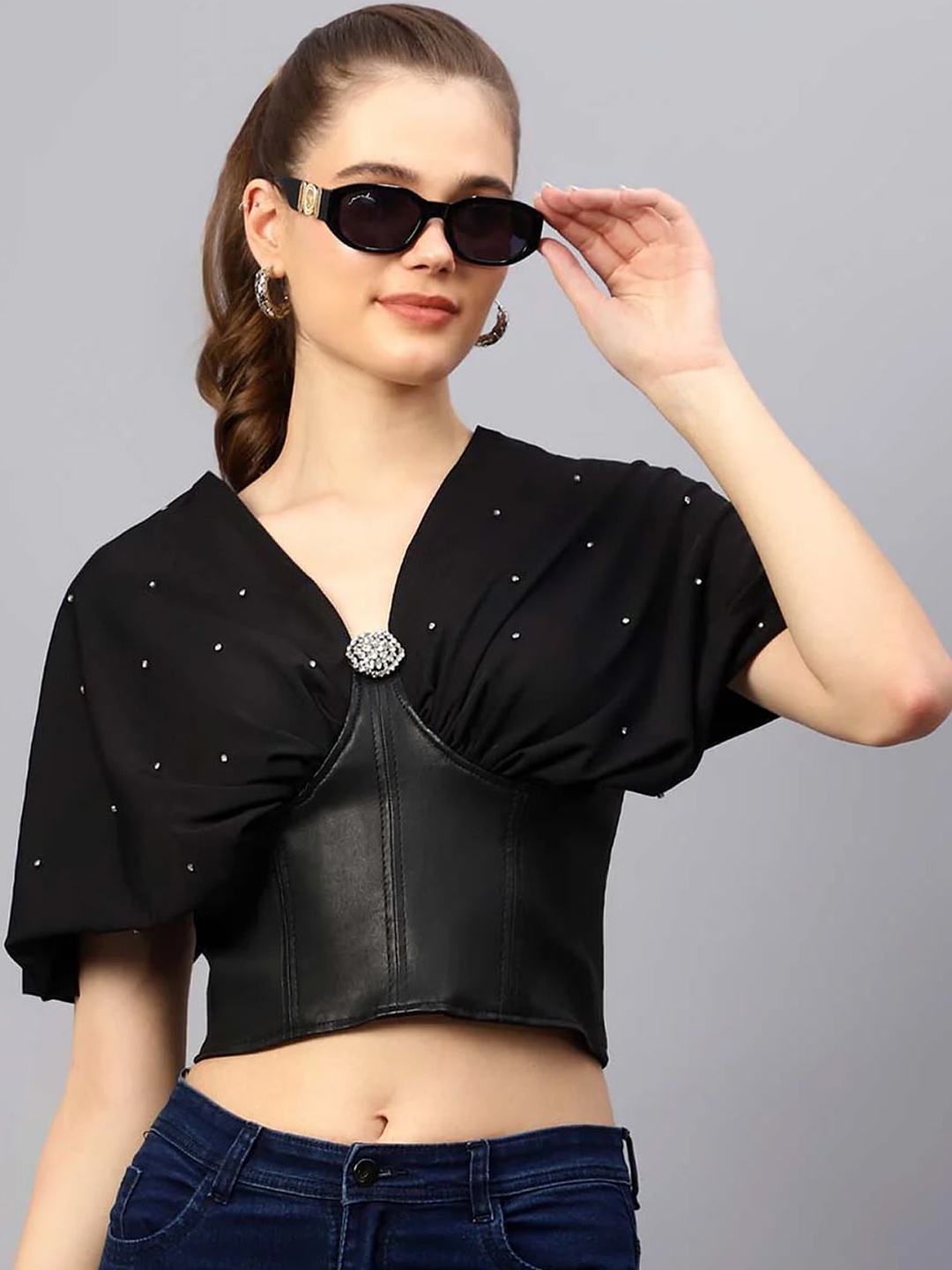 

Saint G Women Washed Leather Water Resistant Crop Open Front Jacket, Black