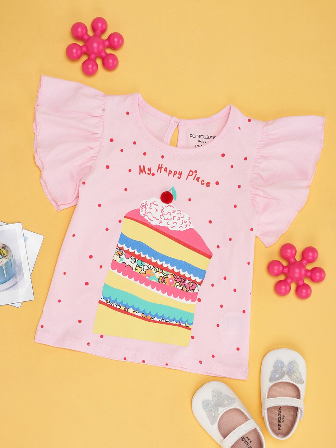 

Pantaloons Baby Girls Infants Graphic Printed Flutter Sleeves Cotton Top, Pink