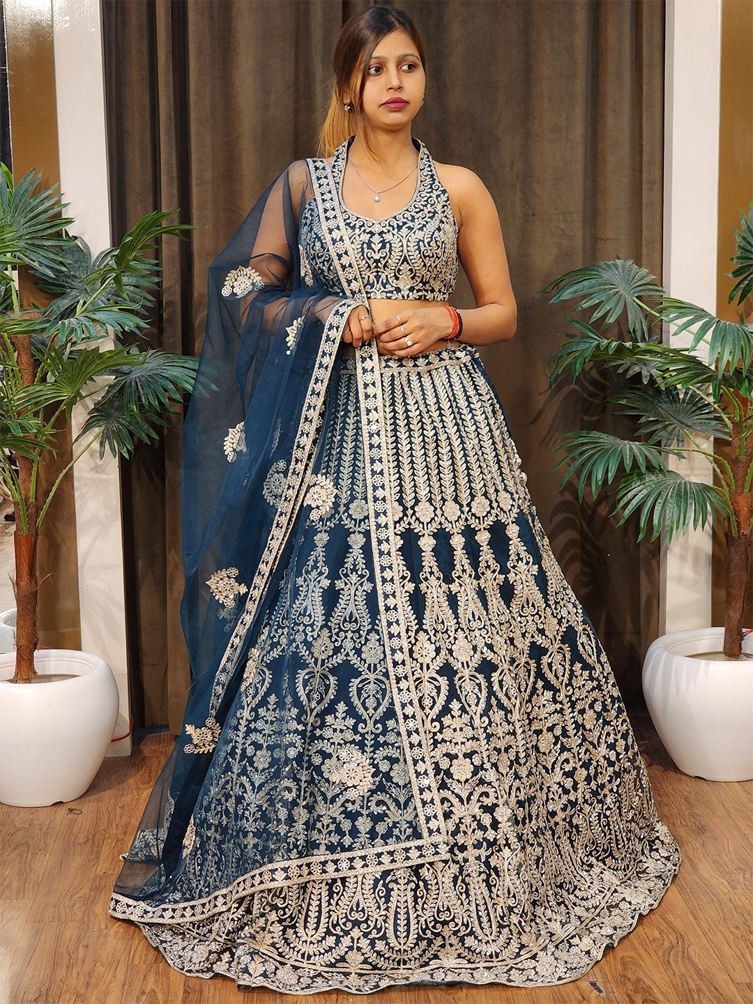 

Durga clothing Embroidered Net Ready to Wear Lehenga & Blouse With Dupatta, Teal