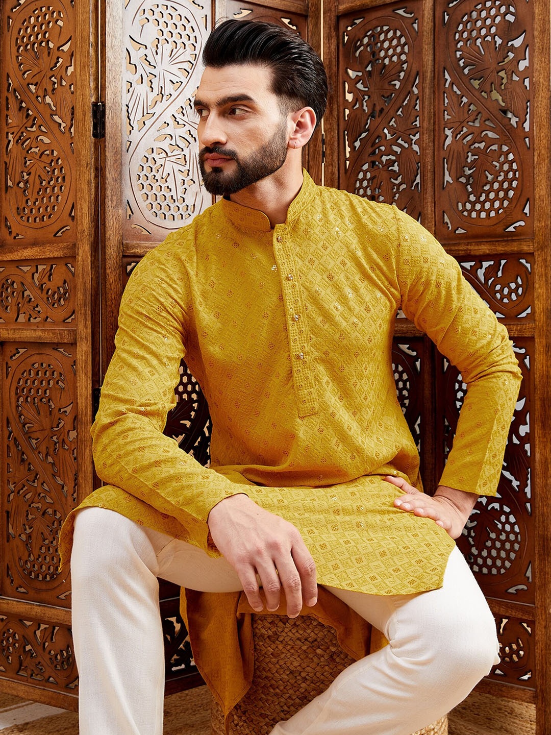 

House of Pataudi Mandarin Collar Embroidered Cotton Straight Kurta, Mustard